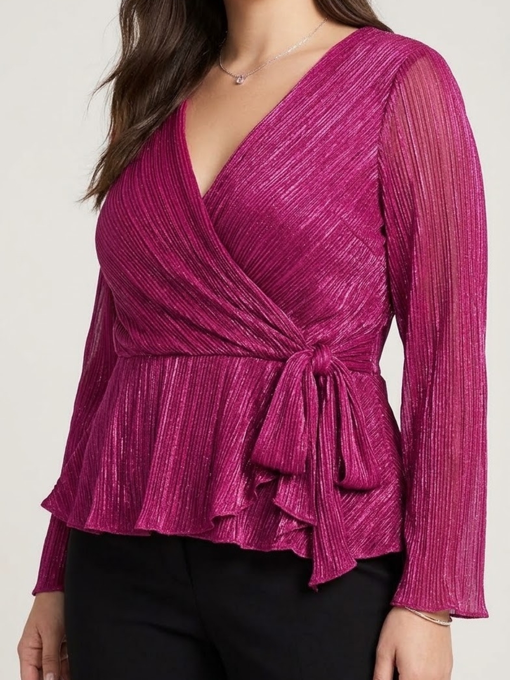 Adrianna Papell Metallic Wrap Peplum Blouse in Fuchsia Pink